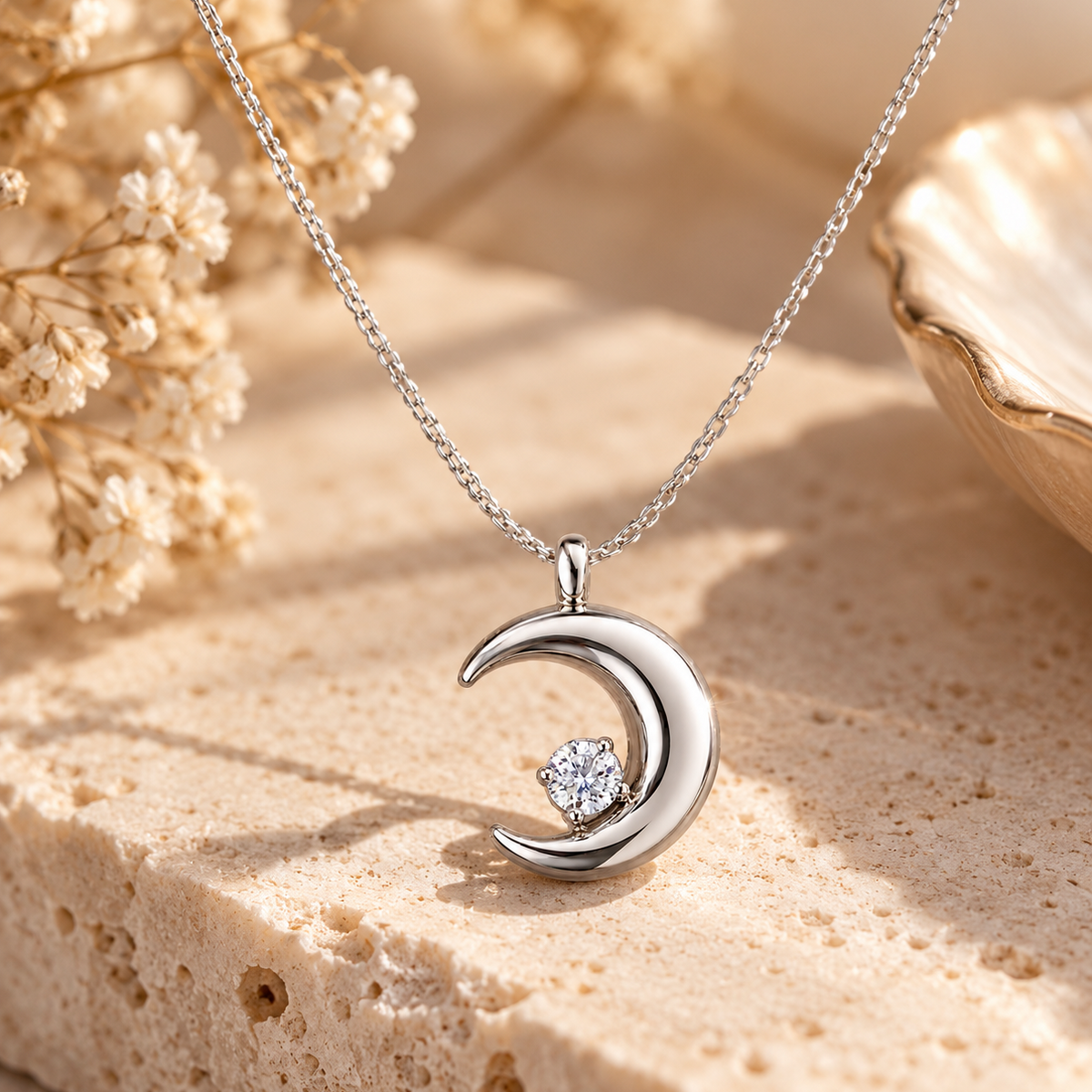 Crescent Moon Star Silver Necklace