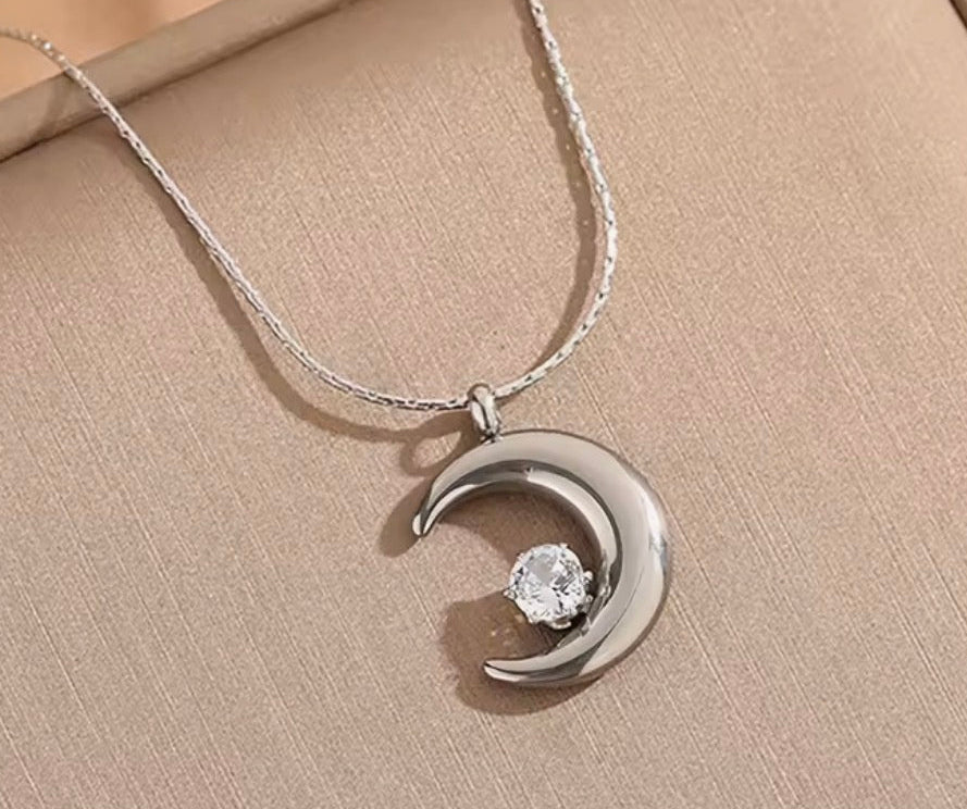Crescent Moon Star Silver Necklace
